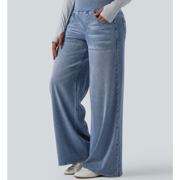 HALARA Denim - Halara Flex Mid Rise Draped Washed Casual Baggy Wide Leg Jeans with Pockets (XL)